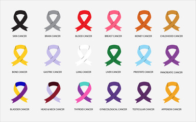 Ribbon awareness symbol collection design vector set survivor cancer solidarity campaign