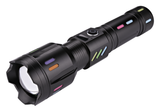 High Powered Super Bright Flashlight LED Lamp isolated on a transparent background. Completely in focus. Full depth of field. PNG.