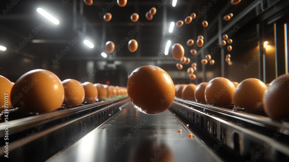 Poster brown eggs glide along automated track in high-volume poultry egg processing center