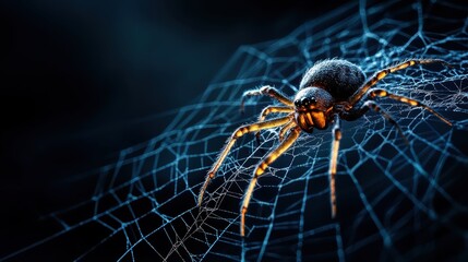 A stunning close-up of a spider intricately woven in its web, highlighted by the delicate strands capturing light, creating an eerie yet beautiful atmosphere.