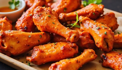 Delicious Crispy Fried Chicken Wings Served With Spicy Dip And Garnish