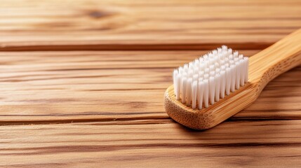 This image showcases a bamboo toothbrush placed prominently on a rustic wooden surface, emphasizing eco-friendliness and sustainable dental care products.