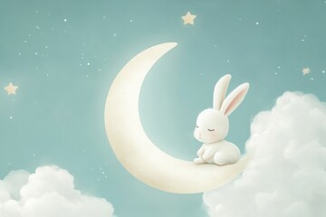 Bunny Takes a Peaceful Stroll on a Crescent Moon Amidst Soft Clouds Under a Serene Sky Filled With Twinkling Stars