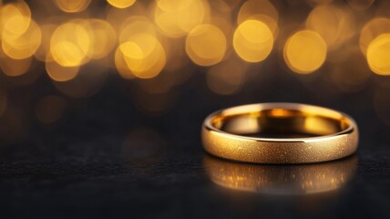 golden engagement ring with reflective surface shines beautifully against blurred golden background, evoking romance