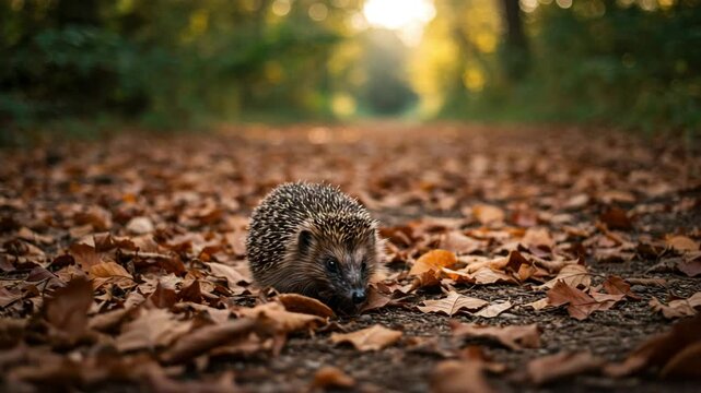A cute hedgehog walking along a forest path covered with dry autumn leaves during sunset.