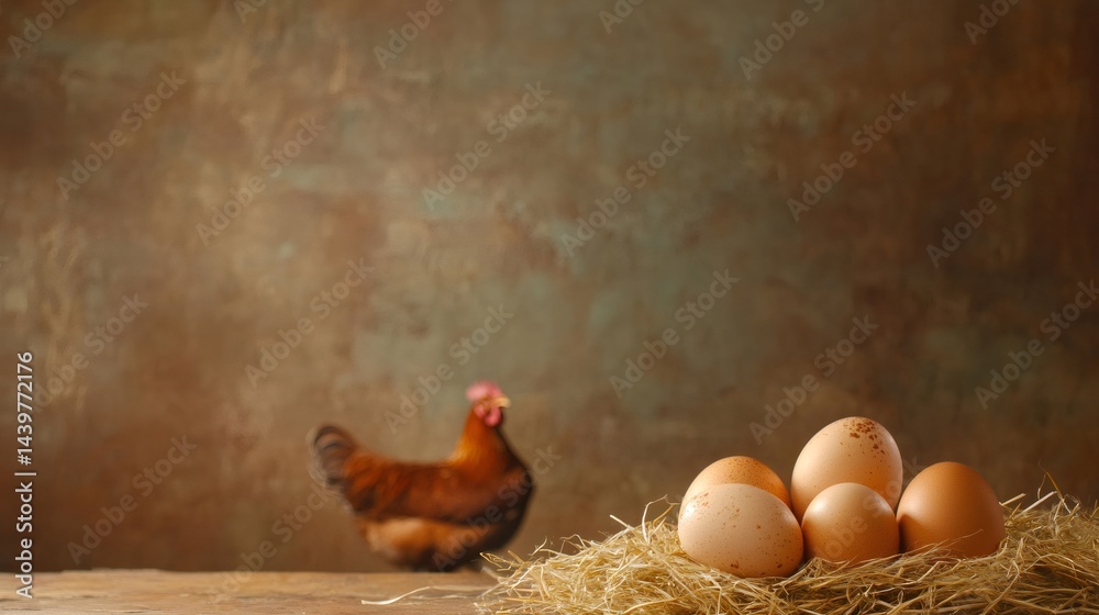 Aufkleber fresh organic chicken eggs are nestled in a bed of straw with a hen standing watch in a rustic barn 