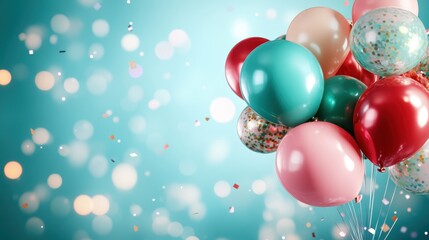 A festive bunch of balloons adorned with sparkling confetti, captured in vivid colors, conveying a sense of excitement and celebration, perfect for birthday or holiday events.
