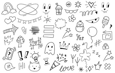 Big set of cartoon doodle hand drawn elements. Line icons. Crowns, hearts, stars, flowers, sparkles, arrows, lightnings, signs and other funny design elements іsolated on white background.