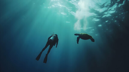 Fototapeta premium Ocean Diver Encounters Majestic Sea Turtle in Underwater Realm