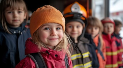 Young Children in Colorful Clothing Smiling Inside a Fire Station