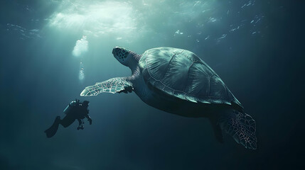 Obraz premium Majestic Sea Turtle Encounter: An Underwater Dive