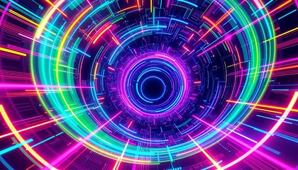 Obraz premium Vibrant Neon Colors Concentric Rings and Lines 3D Rendering Illustration Creating a Dynamic Depth and Movement and Futuristic Perspective Perfect for Tech Themed Backdrop and Digital Art