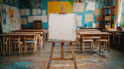 Empty Canvas on Easel in Colorful Art Classroom with Desks