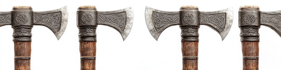 Ornate double-bit axes with carved wooden handles