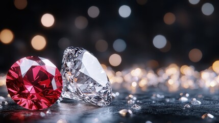 This breathtaking image showcases a vibrant red diamond next to a clear white diamond, illuminated beautifully against a blurred, sparkling background, creating a luxurious feel.