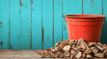 Obraz premium Bright red bucket filled with garbage displaying urban recycling and waste management practices in city environments