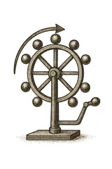 Obraz premium Hand-drawn sketch of a vintage mechanical wheel, detailed illustration of historical engineering tool with copy space