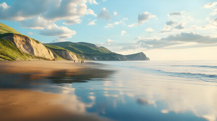 Naklejka premium Tranquil Beach Landscape: Golden Hour Coastal Serenity