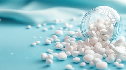 A glass jar tipped over reveals numerous white pills scattered across a soft blue background, illustrating themes of medicine, health, and potential overuse.