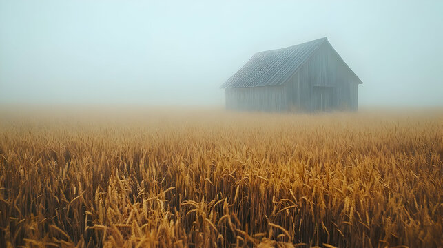 Misty Morning in the Wheat Field: A Solitary Barn - Powered by Adobe