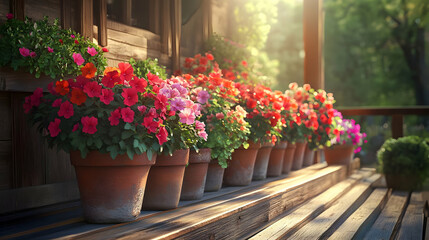 Fototapeta premium Vibrant Potted Flowers on a Sunny Porch