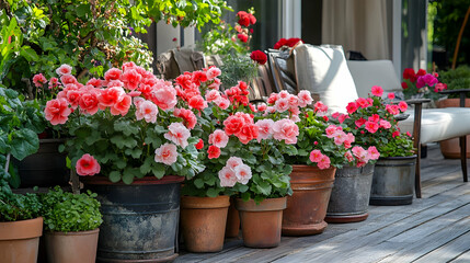 Fototapeta premium Vibrant Pink and Red Flowers in Terracotta Pots on a Rustic Balcony