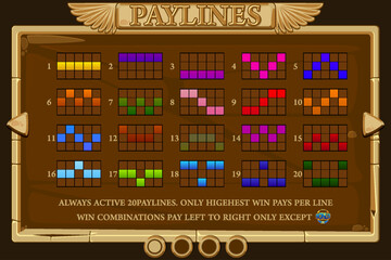 Info screen for slot game. PAYLINES game screen Egyptian slot for game development. Pop-Up game UI