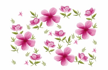 Illustration with bright pink flowers and green leaves on a white background. Delicate floral compositions create an atmosphere of freshness, romance, and natural beauty. Perfect for design and decora