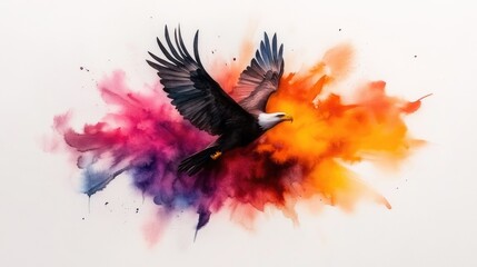 Obraz premium Watercolor painting of a lone eagle soaring through a sky of swirling colors on an absolutely white background.