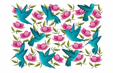 Bright illustration with hummingbirds and pink flowers. Blue birds flying among lush blossoms and green leaves on a white background. Spring mood, nature, exotic vibes. © Yuliia