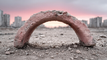 Ghostly pastel rainbow arches over ruins of a vibrant city, showcasing muted apricot and sky blue shades at sunset