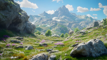 Obraz premium Majestic Alpine Meadow: Breathtaking Mountain Landscape Photography
