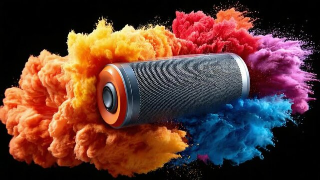 Sound Explosion: Immerse yourself in a symphony of vibrant color as a sleek portable speaker explodes with a burst of multicolored powder, capturing the essence of dynamic audio experience.