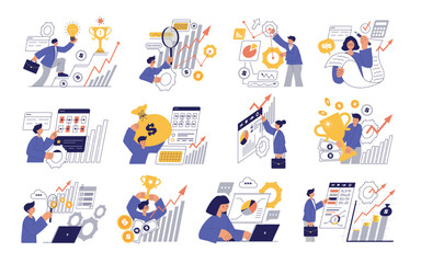 Business set. Happy successful managers working job business conceptual illustrations recent vector template