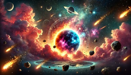 Mystical Burning Planet with Asteroids and Nebulae - Generative AI