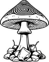 Line Art Drawing Of Unique Mushroom On Bed Of Rocks With Swirling Pattern On Cap Design