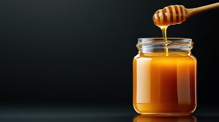 A jar of golden honey captures pure nectar as it drips from a wooden dipper, symbolizing sweetness and nature's bounty in an appealing presentation.