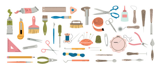 Handmade tools. Crafting set for artists knife scissors thread and decorative clay recent vector collection in flat style