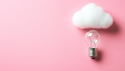 Cloud computing concept; lightbulb under fluffy cloud on pink
