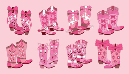 Cowgirl boots. Fashion western pink shoes for women recent vector cowboy concept set of boots for rodeo