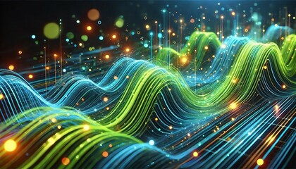 Abstract Data Flow with Neon Waves and Bokeh - Generative AI