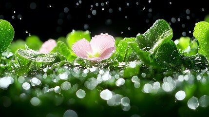 Pink Flower with Water Droplets on Green Leaves Closeup