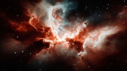 Fototapeta premium This mesmerizing cosmic image depicts a nebula bursting with striking red and blue patterns, inviting viewers to explore the vastness and beauty of the universe in this stunning celestial scene.