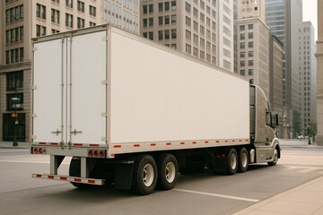 White truck trailer mockup on city street, rear view back-side