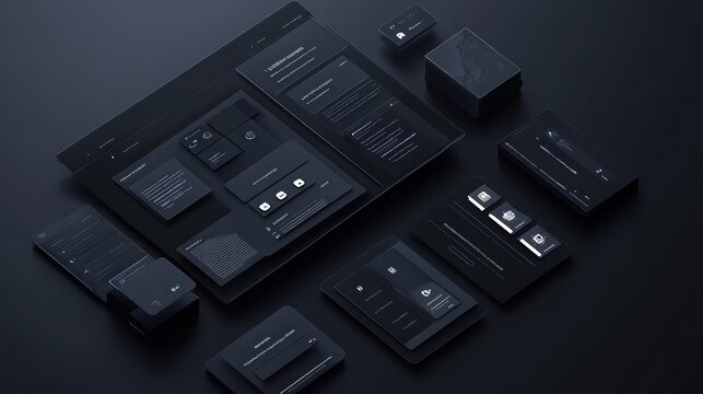 Dark, modern, and minimal interface design.  Various app screens and components arranged in a 3D isometric view