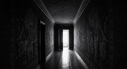 Fototapeta premium Mysterious Dark Hallway with Light at the End A Black and White Photography