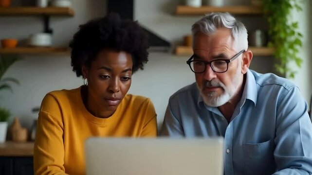 A black woman and white man stare at a computer screen in disbelief, worry, concern, finance issues concept