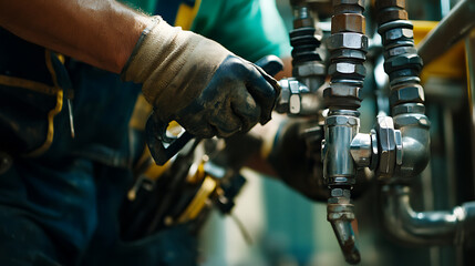 Worker in Gloves Handling Industrial Pipes