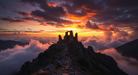 Obraz premium Majestic Mountaintop Ruins at Sunset A Breathtaking View of Clouds and Sky