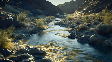 Fototapeta premium Serene Desert River: A Canyon's Golden Embrace